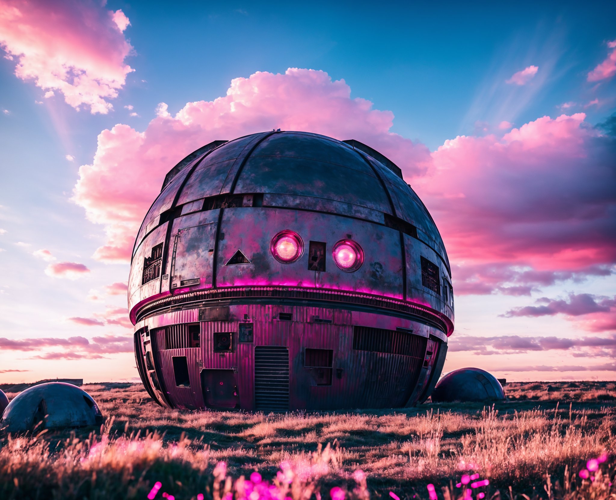 00999-109220850-(raw photo_1.2), a giant piece of art sitting in the middle of a field, inside a mechanical cat's head, pink clouds background,.jpg